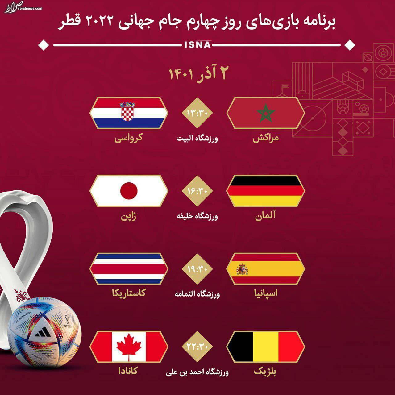 عکس / برنامه بازی‌های روز چهارم جام‌جهانی ۲۰۲۲ قطر