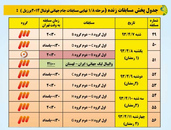 جدول پخش بازی‌های جام جهانی