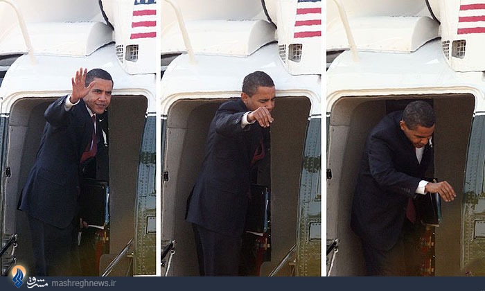 عکس/سر اوباما به هلی‌کوپتر خورد!