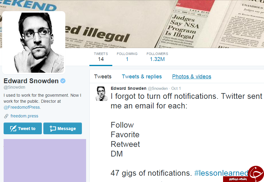 اشتباه اسنودن در توئیتر! +عکس