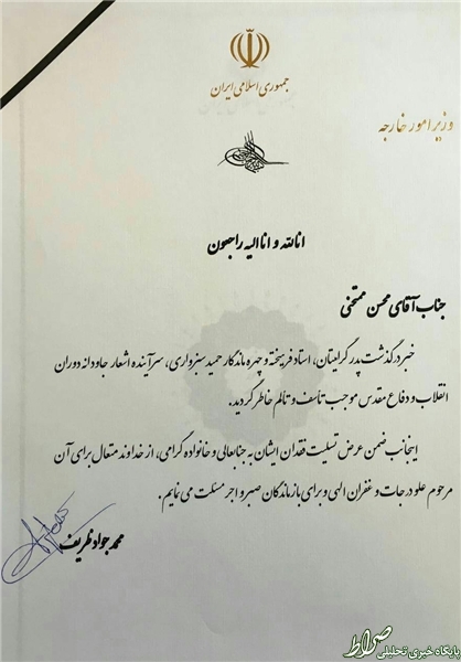 تسلیت ظریف به فرزند سبزواری +عکس