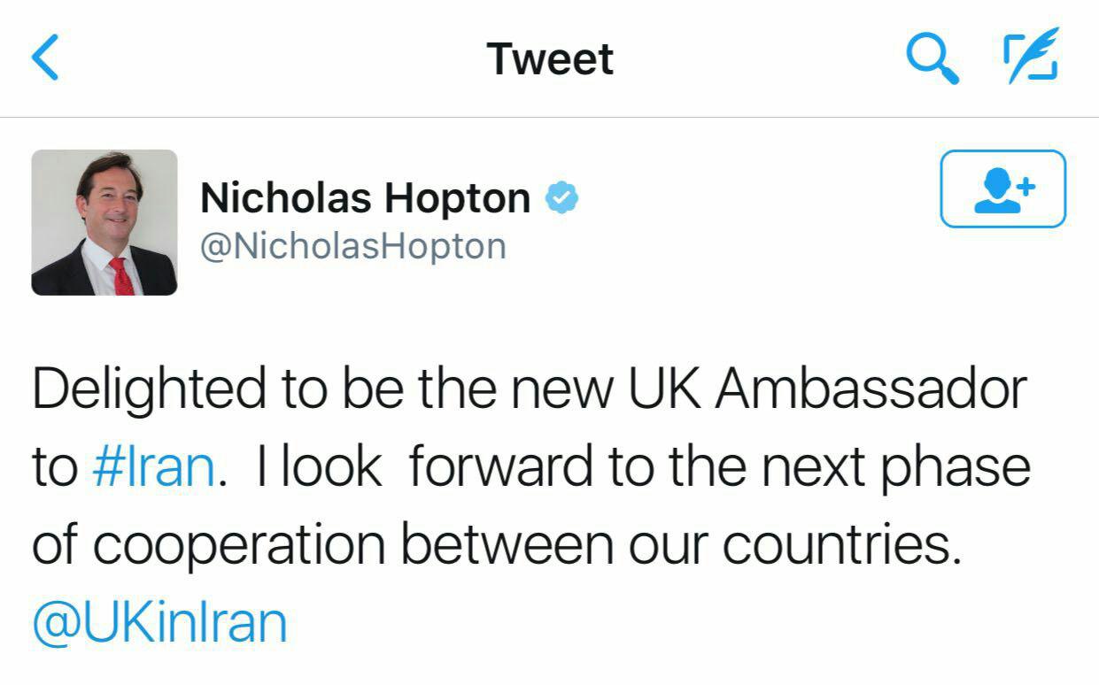 عکس/ توییت سفیر جدید بریتانیا در تهران