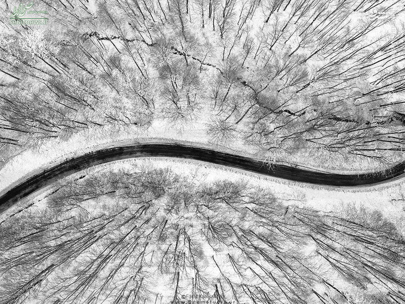 تصویر هوایی از طبیعت زمستانی جاده اسالم