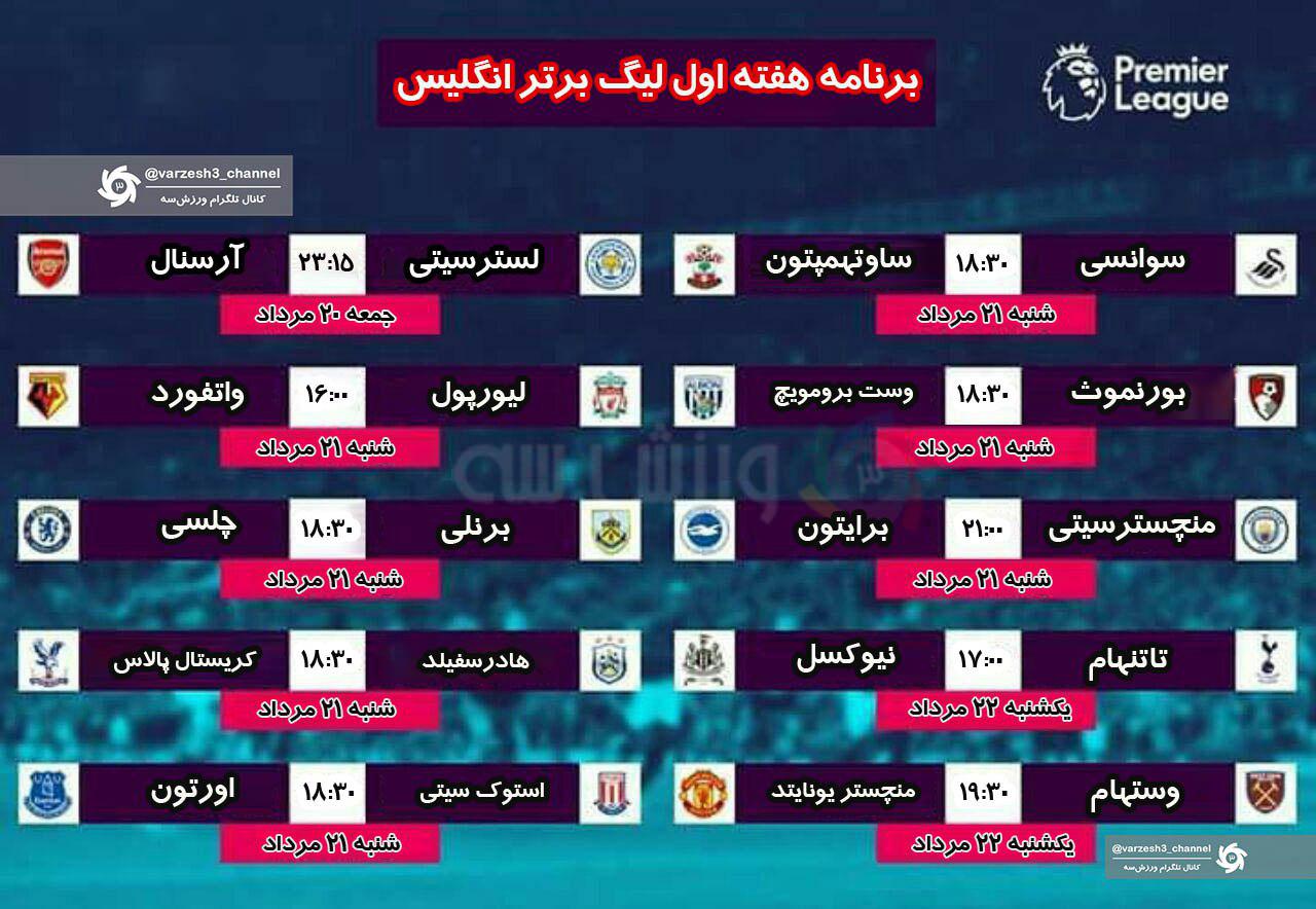 جدول/ برنامه‌ هفته‌ اول مسابقات لیگ برتر انگلیس