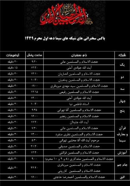 پخش سخنرانی ۳۰ عالم دینی در ماه محرم +جدول پخش سخنرانی ۳۰ عالم دینی در ماه محرم +جدول