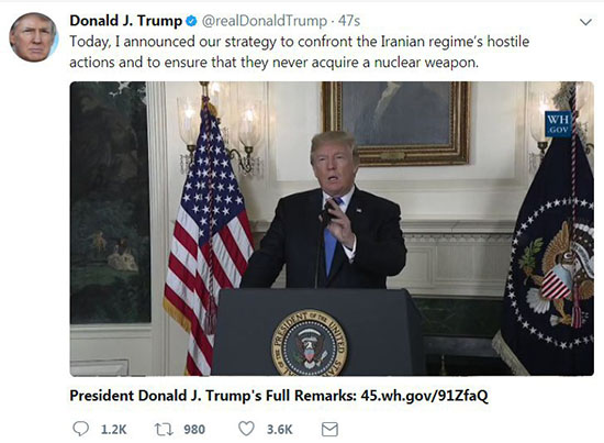 عکس/ اولین توییت ترامپ پس از سخنرانی‌اش در کاخ سفید