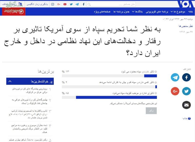 نتیجه جالب نظرسنجی صدای آمریکا درباره سپاه نتیجه جالب نظرسنجی صدای آمریکا درباره سپاه