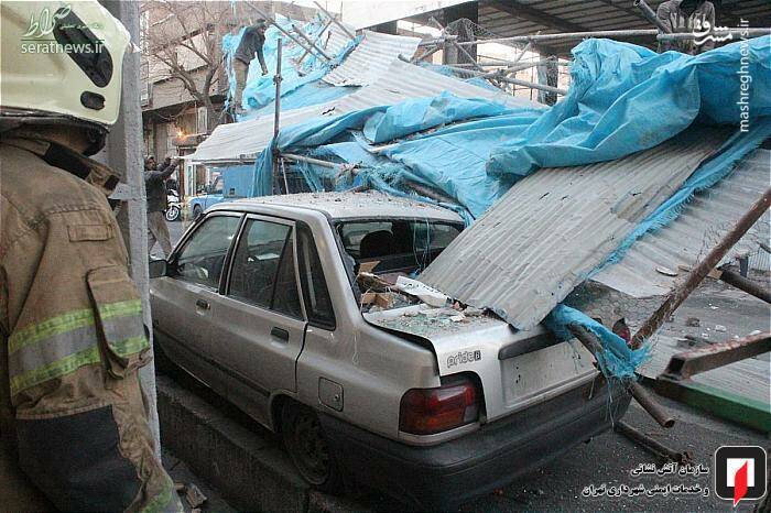 تصاویر/ سقوط داربست ساختمان بر روی پراید