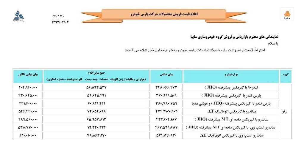 لیست قیمت‎های جدید سایپا+بخشنامه