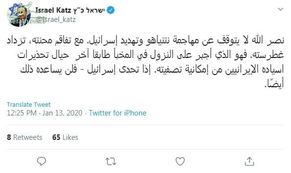وزیر خارجه رژیم صهیونیستی حسن نصرالله را تهدید کرد