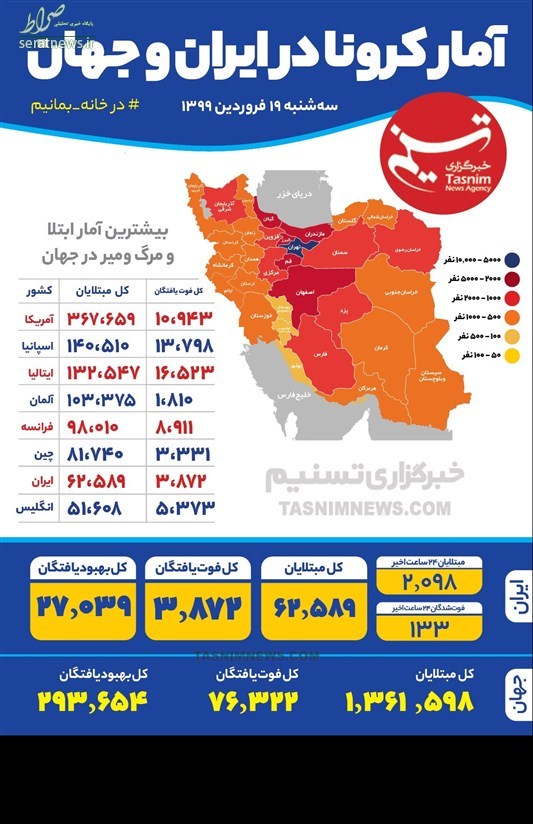 اینفوگرافی/ آمار کرونا در ایران و جهان ۱۹ فروردین ۱۳۹۹