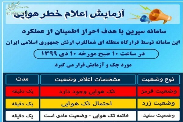 اعلام خطر هوایی آزمایشی روز چهارشنبه در ارومیه