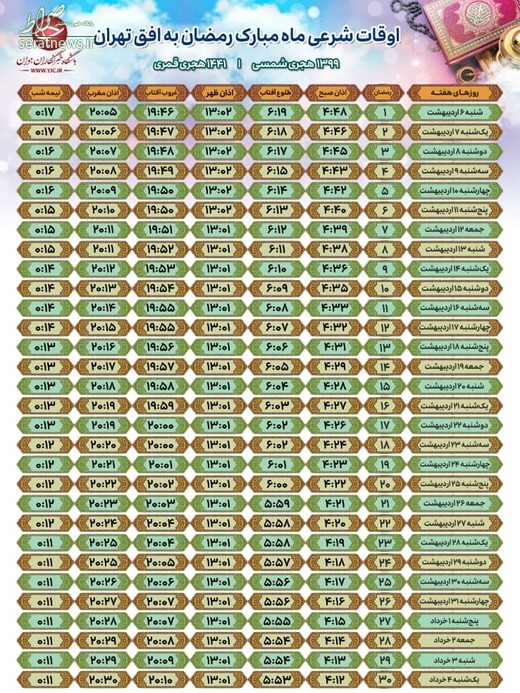 جدول/ اوقات شرعی تهران در ماه رمضان ۹۹