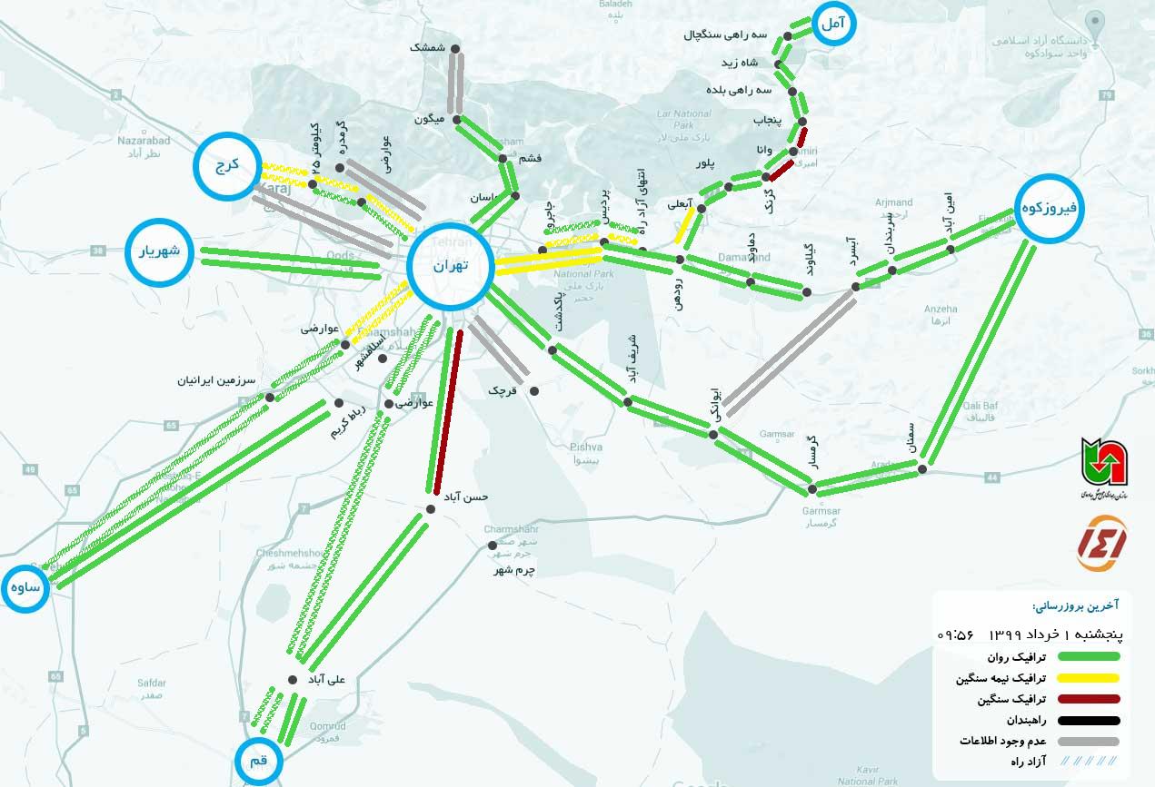وضعیت محور‌های مواصلاتی کشور در یکم خرداد + نقشه