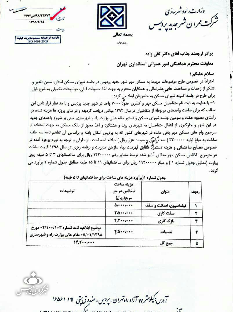 ماجرای اخذ هزینه ۲۰ میلیونی در مسکن مهر پردیس ماجرای اخذ هزینه ۲۰ میلیونی در مسکن مهر پردیس