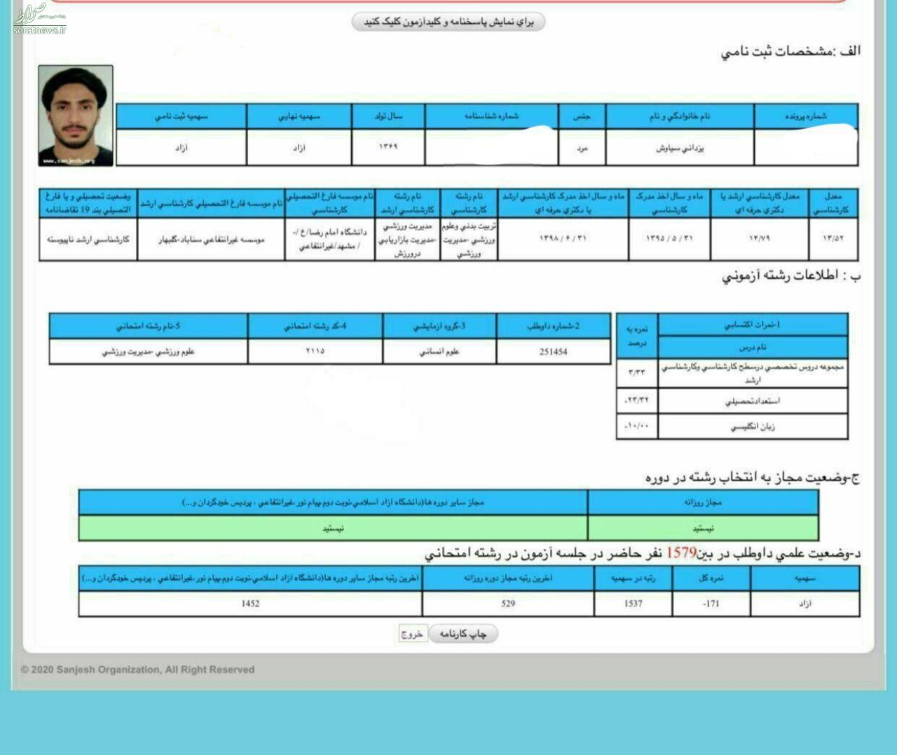 عکس/ رتبه جنجالی کنکور دکتری بازیکن استقلال