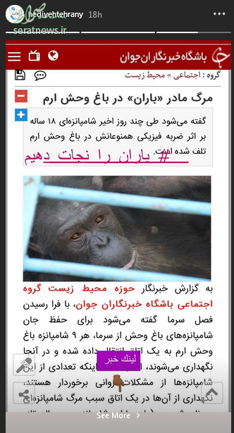 عکس/ درخواست کمک «هدیه تهرانی» برای نجات یک شامپانزه
