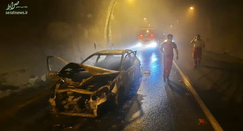 حریق در تونل آزادراه تهران پردیس/ پژو ۲۰۷ در آتش سوخت+فیلم و عکس