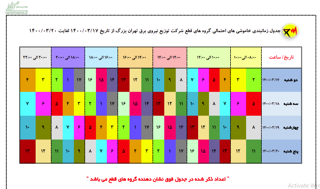 جداول خاموشی شهر تهران 