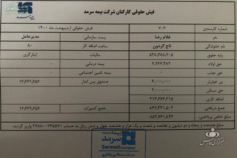 فیش حقوقی تاجگردون در پست جدید 