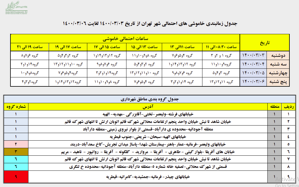 جدول قطعی برق تهران