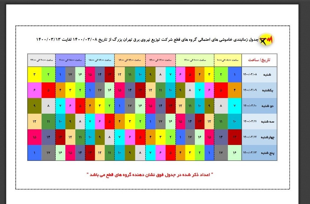 جدول خاموشی های احتمالی شهر تهران طی هفته جاری
