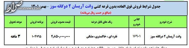 فروش فوق‌العاده وانت آریسان ۲ دوگانه‌سوز