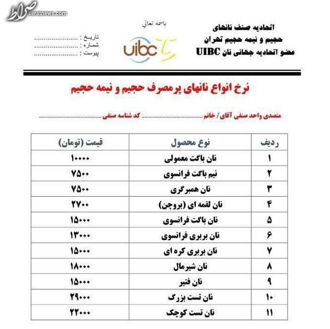 افزایش قیمت نان صنعتی + جدول