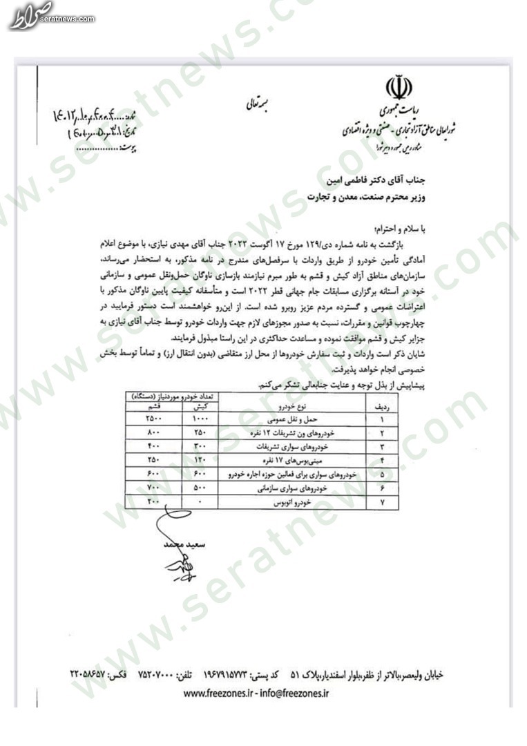 سفارش ویژه یک نورچشمی برای واردات خودرو توسط سعید محمد! + سند