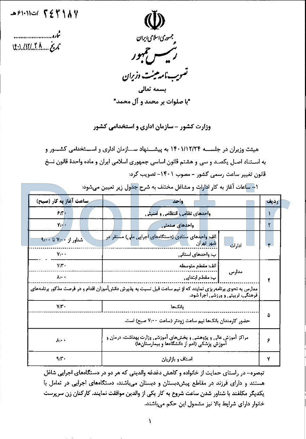 جزئیات ساعت آغاز به کار ادارات