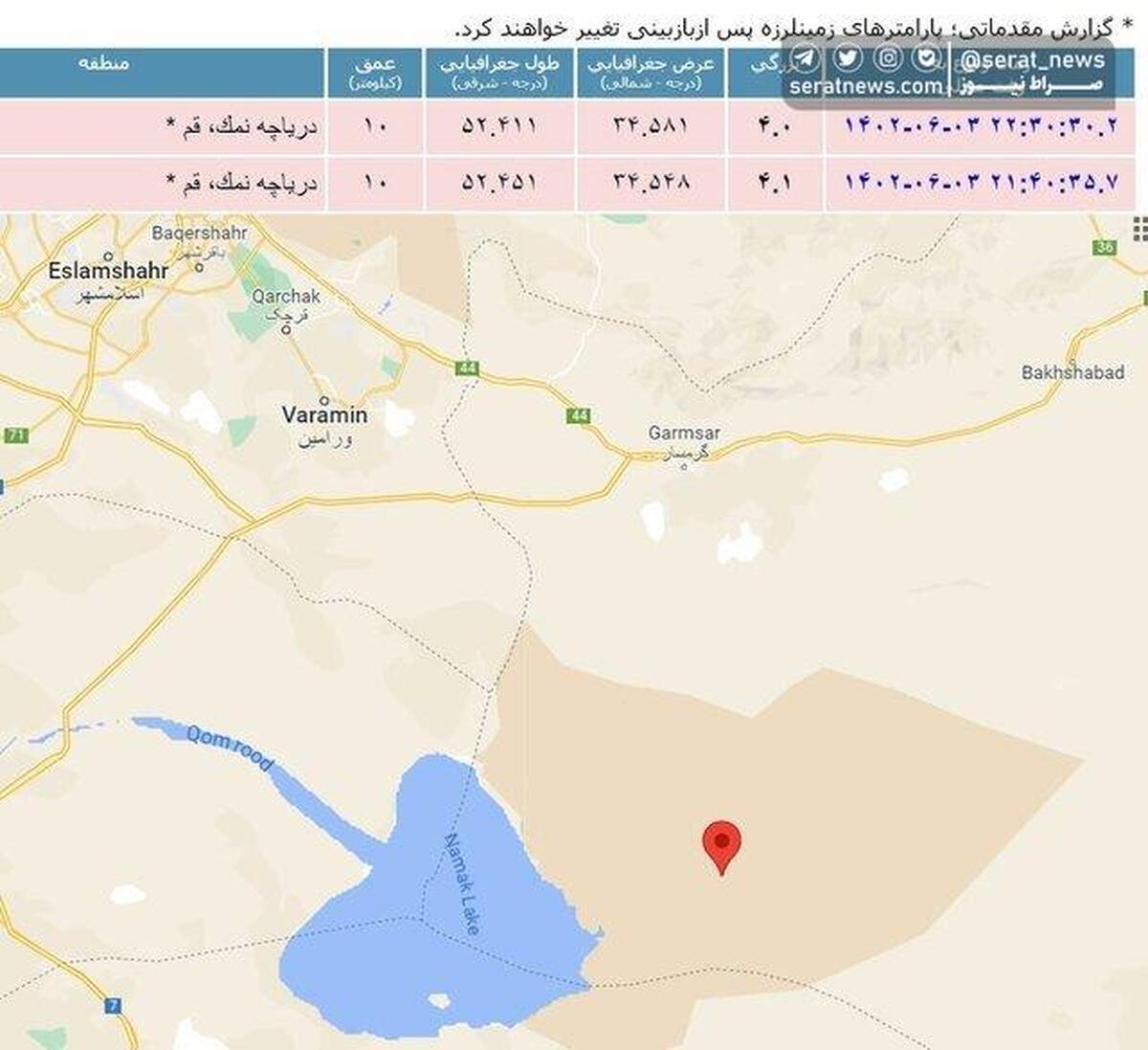 وقوع دو زلزلهی ۴.۱ و ۴ ریشتری در استان قم در کمتر از یکساعت