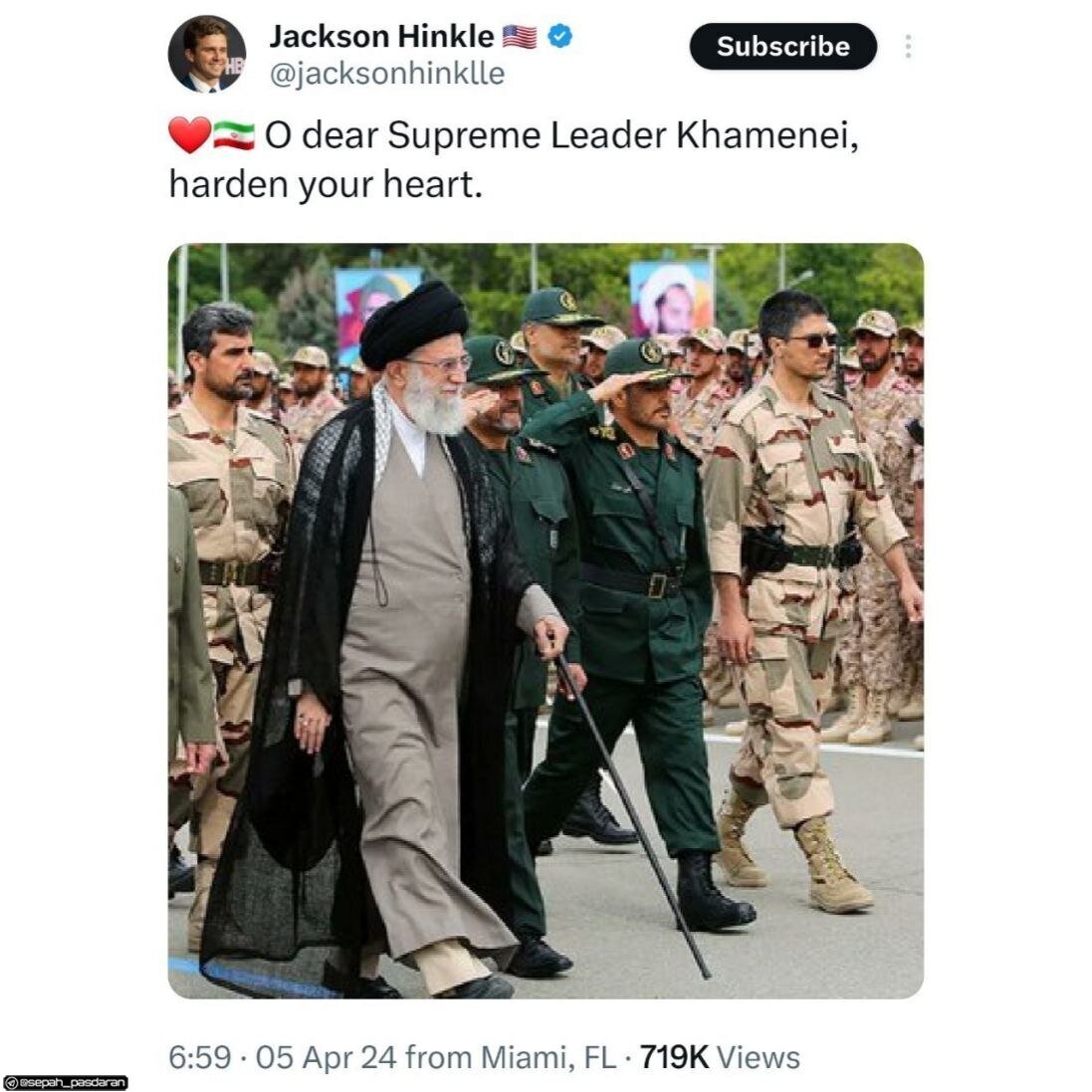 توئیت اینفلوئنسر معروف آمریکایی: خامنهای رهبر عزیز، رحم نکن... توئیت اینفلوئنسر معروف آمریکایی: خامنهای رهبر عزیز، رحم نکن...