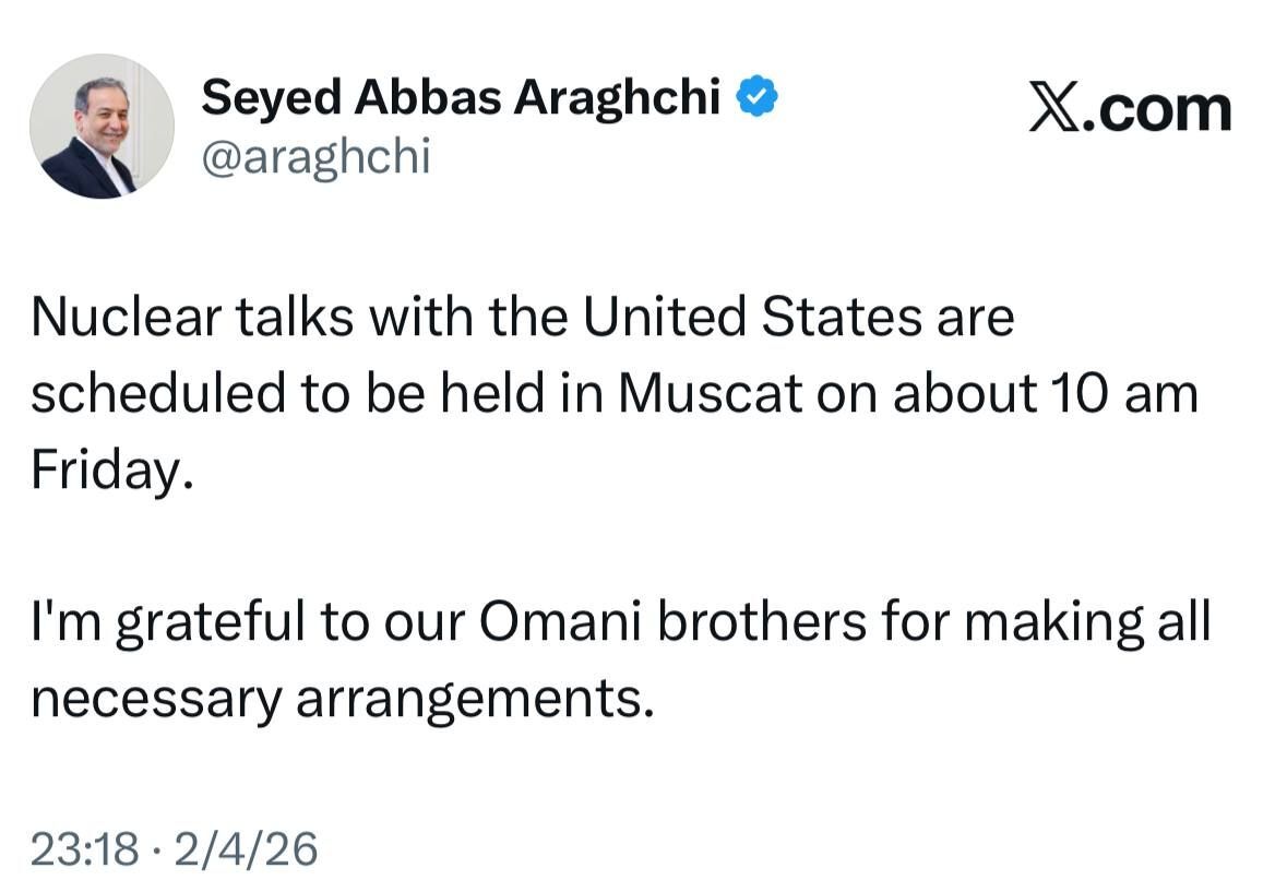 عکس| پیام سید عباس عراقچی: مذاکرات روز جمعه در مسقط برگزار می شود