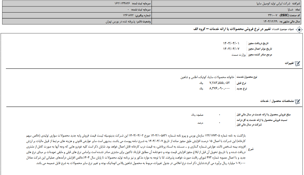 تغییر در نرخ فروش محصولات خساپا