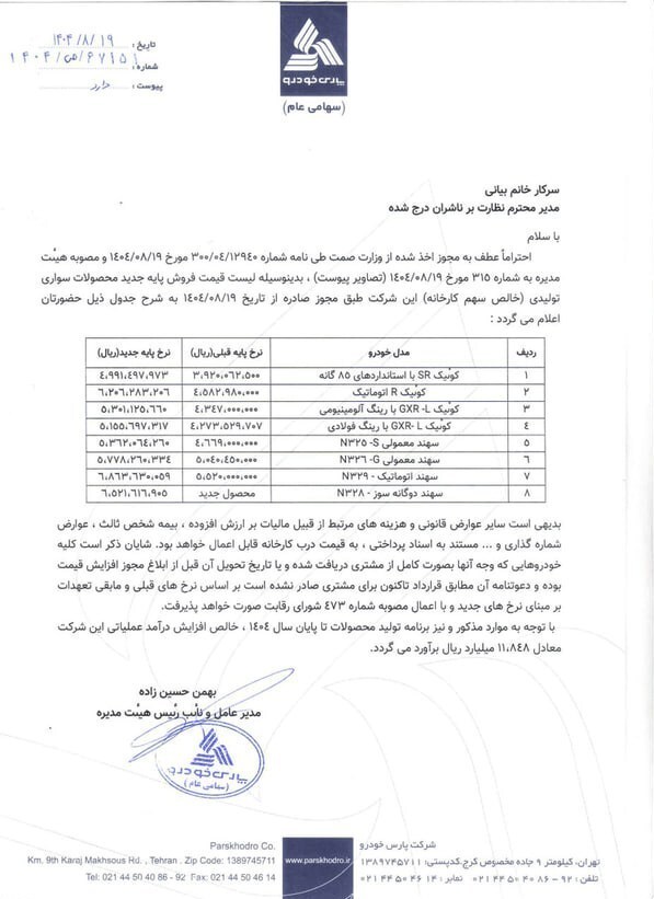 پارس‌خودرو قیمت‌ جدید مدل‌های کوئیک و سهند را اعلام کرد