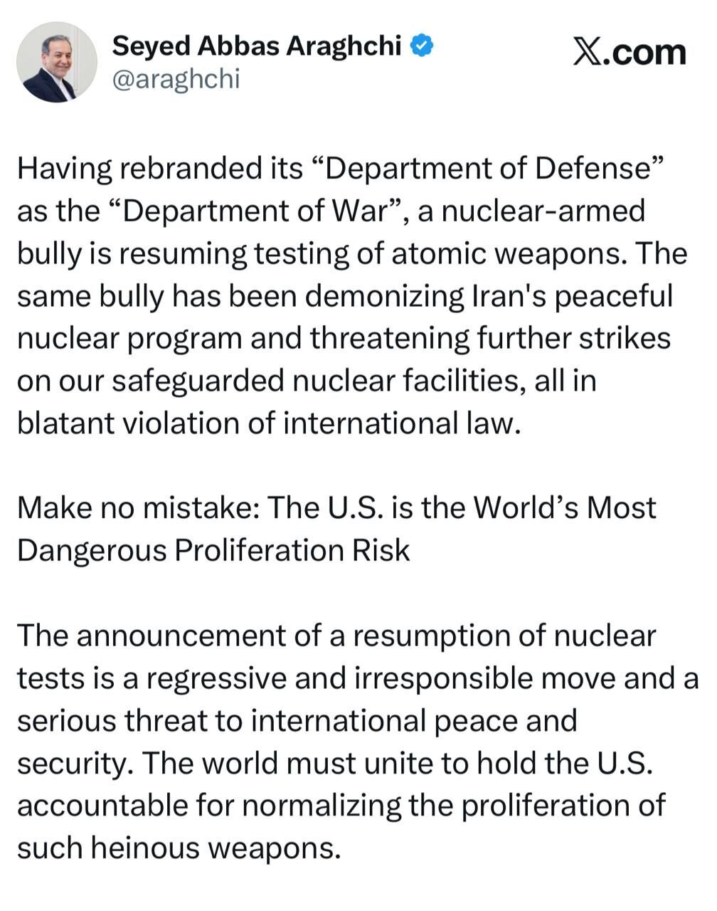 واکنش عراقچی به دستور ترامپ برای ازسرگیری آزمایش سلاحهای    واکنش عراقچی به دستور ترامپ برای ازسرگیری آزمایش سلاحهای