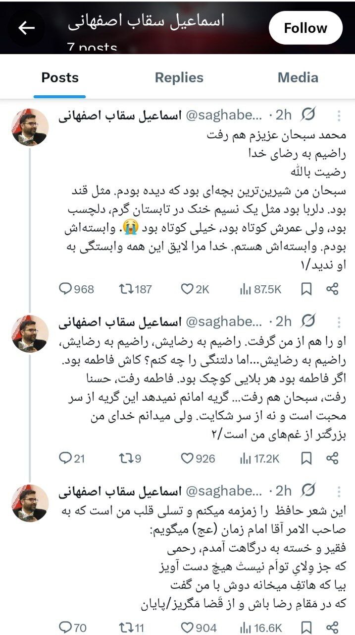 عکس| نوشته غمانگیز سقاب اصفهانی در فقدان همسر و دو فرزندش عکس| نوشته غمانگیز سقاب اصفهانی در فقدان همسر و دو فرزندش