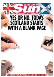  روزنامه «اسکاتیش سان» طرحی انتزاعی برای صفحه اول امروز خود برگزیده و با انتخاب صفحه سفید و نسبتا خالی انتخاب اسکاتلند را که «چه خواهند نوشت» یادآوری کرده است.