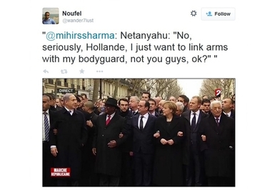 نتانیاهو: «نه اولاند، من فقط میخواهم بازوی محافظم را بگیرم، نه دست شما را.»