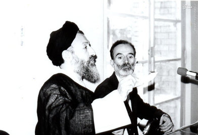  آیت الله بهشتی و دکتر عباس شیبانی در یکی از جلسات تشریح مواضع حزب جمهوری اسلامی 