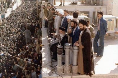 دکتر صادق طباطبایی در کنار امام خمینی در یکی از دیدارهای عمومی ایشان در شهر قم