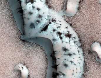 نفش و نگارهای سیاه رنگ در تپه های شنی مریخ که در نتیجه نشست نفت به سطح این سیاره به وجود می آیند.