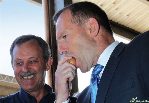  تونی ابوت، نخست‌وزیر سابق استرالیا،‌ پیازی را با پوست گاز می‌زند.