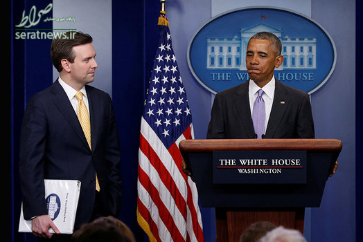 حضور باراک اوباما رییس جمهور آمریکا در آخین نشست خبری جاش ارنست سخنگوی کاخ سفید