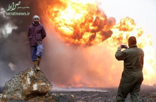 عکس گرفتن با شعله های آتش برخاسته از چاه های نفت القیاره