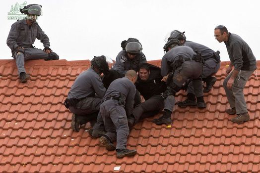 بازداشت یک مرد صهیونیست بر روی پشت بام خانه اش در عملیات تخلیه ساکنان 9 خانه مسکونی یهودی نشین در کرانه باختری