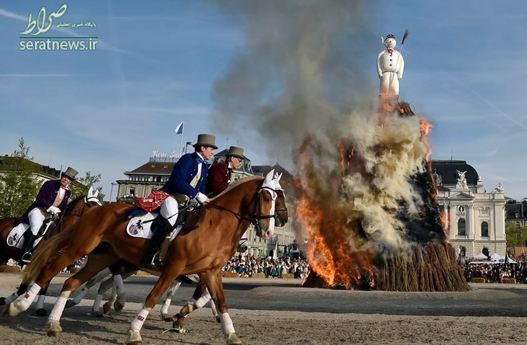 آتش زدن نمادین یک آدم برفی غول پیکر در مراسمی سنتی در زوریخ