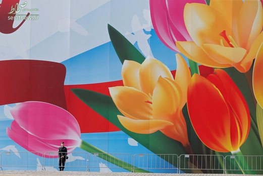 یک پلیس ایستاده مقابل یک نقاشی دیواری گل لاله در میدان سرخ مسکو