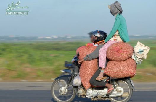 یک موتورسوار با یک ترک نشین و محموله بار در پنوم پن کامبوج