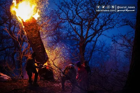 تصاویر| عملیات مهار آتش‌سوزی مناطق کوهستانی روستاهای دلیر و الیت